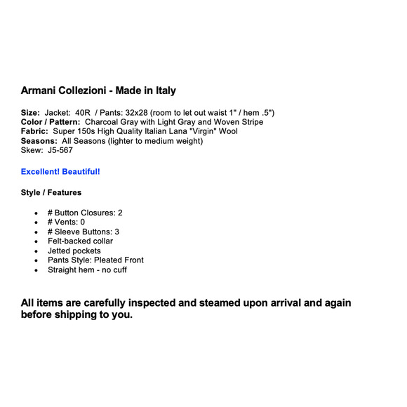 Armani Collezioni 40R 32x28 Gray Stripe Designer Suit Italian Wool Super 150s - Picture 2 of 16